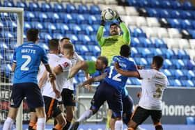 Salford goalkeeper Tom King catches a cross during the FA Cup tie at Posh. Photo: Joe Dent/theposh.com.