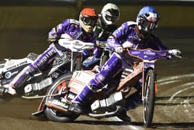 Jordan Jenkins leads the way for Panthers v Ipswich in Heat Two. Photo: David Lowndes.