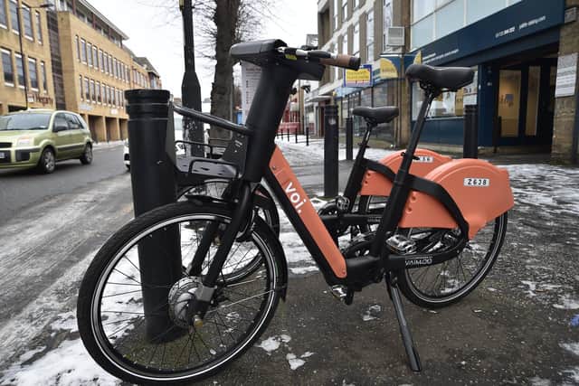 One of the first Voi e-bikes for hire sited in Peterborough city centre in January 2021.