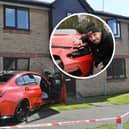 The BMW crashed into the house last year - and Mat Armstrong (inset) has set out to fix it