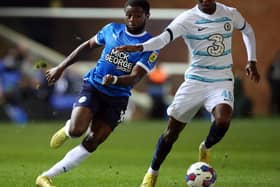 David Ajiboye in action for Posh against Chelsea. Joe Dent/theposh.com