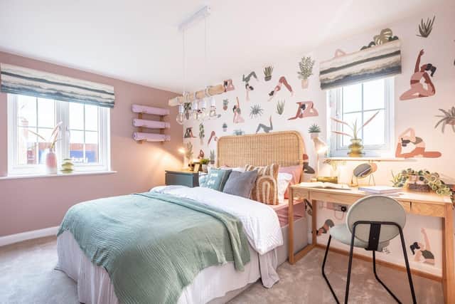 B&DWC - AH9_1948 A - The yoga themed bedroom at The Moreton show home at Alconbury Weald