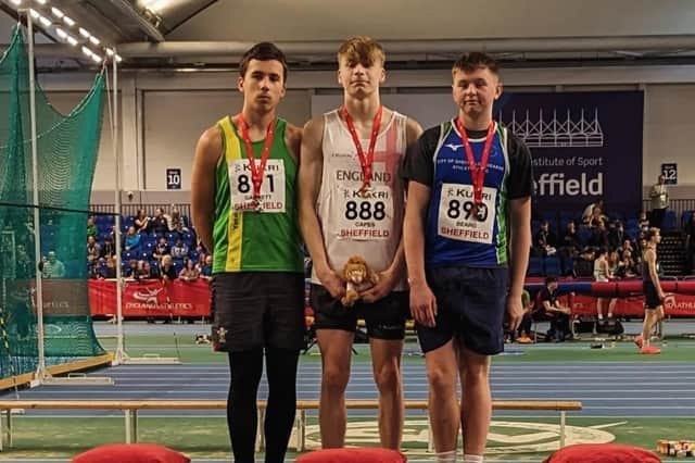 Lawson Capes on top of the podium in Sheffield.