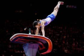 Jake Jarman competing in the gymnastics vault final at the European Championships. Photo: Matthias Hangst/Getty Images.