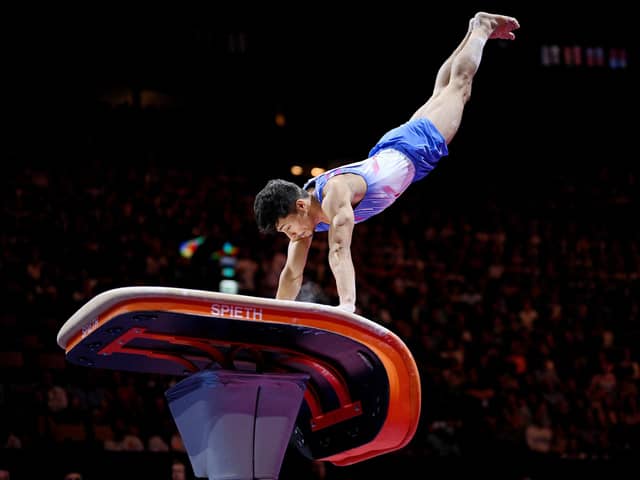 Jake Jarman competing in the gymnastics vault final at the European Championships. Photo: Matthias Hangst/Getty Images.