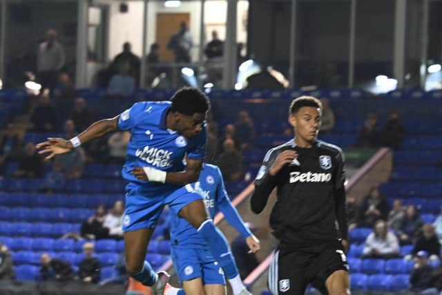 Kyrell Lisbie scores for Posh against Aston Villa Under 21s. Photo David Lowndes.