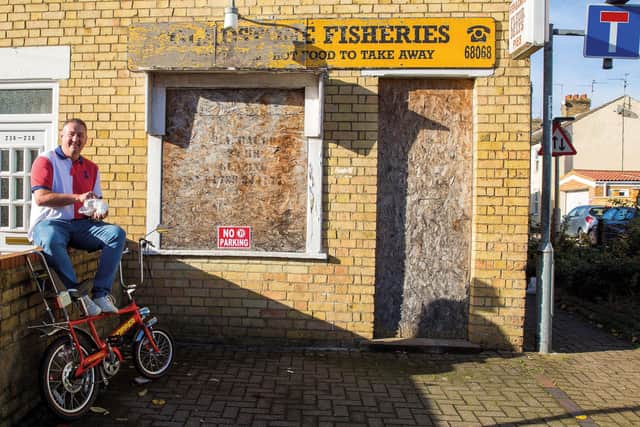 Steven Zenczuk back outside the chip shop - now closed - in 2020