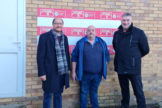From left to right: North West Cambridgeshire Conservative MP Shailesh Vara, Yaxley Football Club chairman Malcolm Clement, and sponsor Lee Martin from Toojays Training