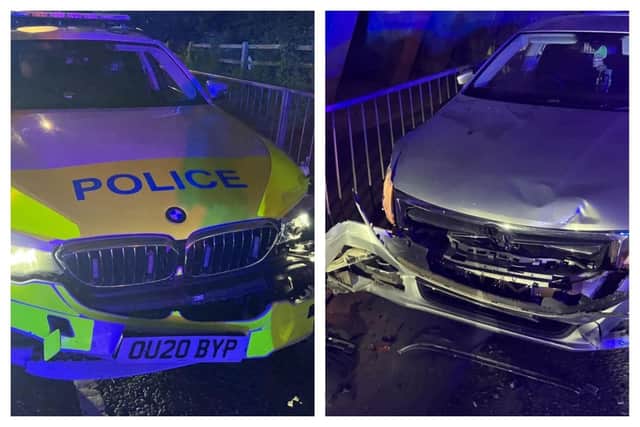 The damaged cars following the pursuit