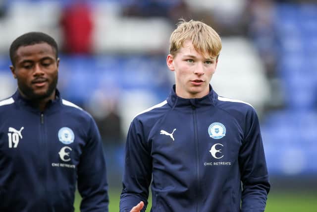 Posh youngster Bayley McCann during the warm-up ahead of Salford match. Photo: Joe Dent/theposh.com.