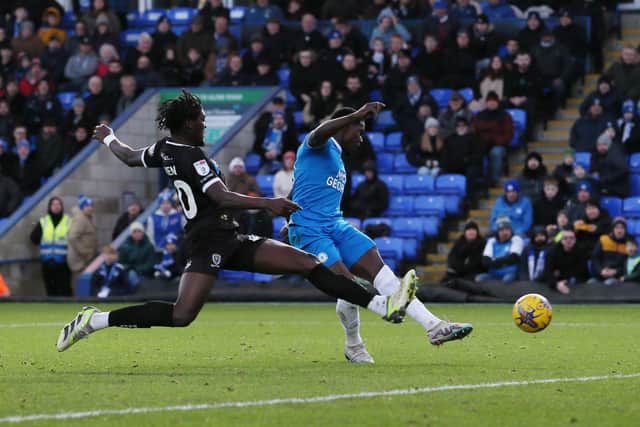 Ephron Mason-Clark scores for Posh against Burton earlier this season. Photo Joe Dent/theposh.com