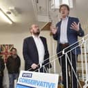 Conservative Party chairman Richard Holden MP (left on stairs) meets Peterborough Conservatives with Peterborough MP Paul Bristow, right on stairs, during his visit to the city.