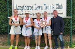 Longthorpe Ladies Open Doubles finalists, from the left, Holly Eccles, Alison Hurford, Ruth Swann and Becky Boden, with men's club captain Dave Howarth.