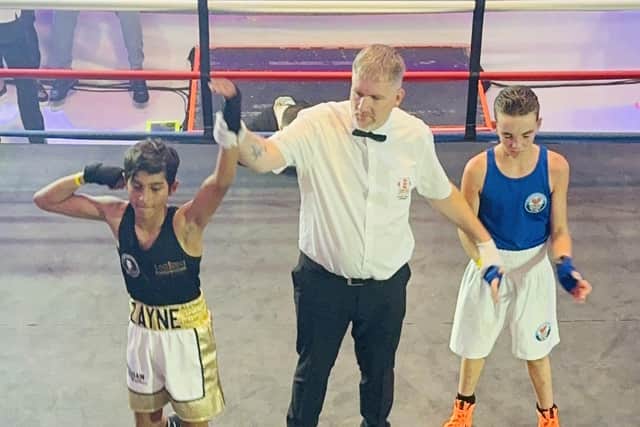 Zayne Hussain (left) celebrates his win in Birmingham.