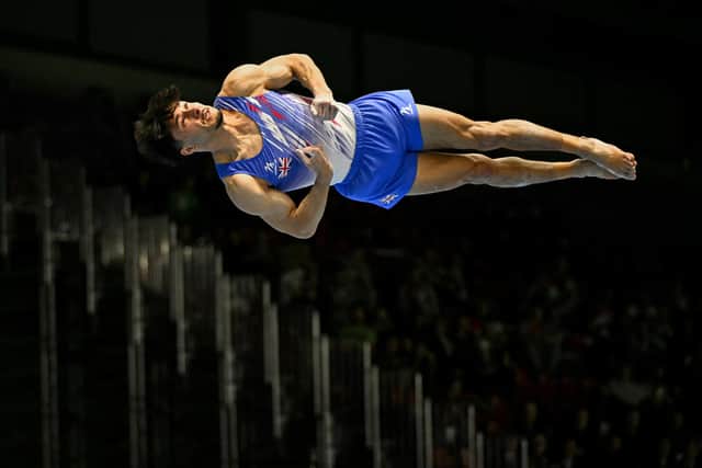 Jake Jarman during the floor final at the European Championships. Photo by Gabriel Bouys/AFP via Getty Images.