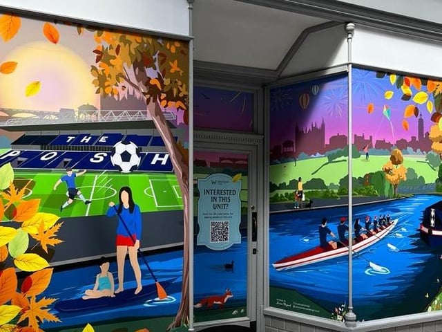 This image in the Westgate Arcade in Peterborough is inspired by the POSH stadium and the River Nene