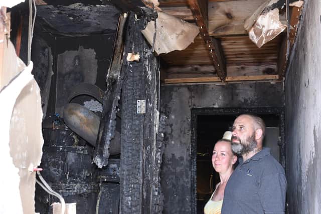 Eddie MacGregor and Esmerelda at their home at Collingham, Orton Goldhay - destroyed by fire following an e-scooter battery fire