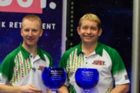 Nicky Brett (left) and Greg Harlow after their 2020 World Indoor Bowls Pairs success.