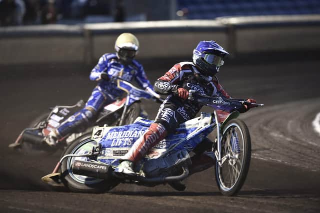 Panthers v Kings Lynn speedway action at the Alwalton track. Heat 3 Hans Andersen (blue)