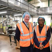 Secretary of State for Business and Trade Kemi Badenoch visiting Masteroast coffee maker at Fengate, Peterborough, with commercial director Matthew Mills, right, and Peterborough MP Paul Bristow, left.