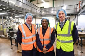 Secretary of State for Business and Trade Kemi Badenoch visiting Masteroast coffee maker at Fengate, Peterborough, with commercial director Matthew Mills, right, and Peterborough MP Paul Bristow, left.