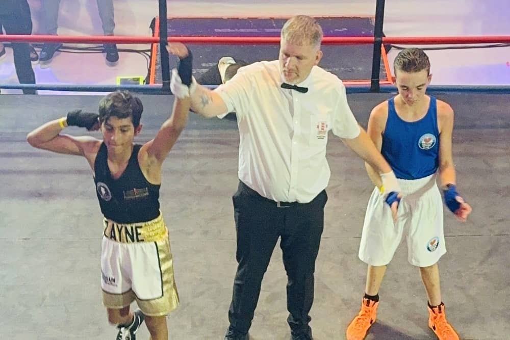 Zayne Hussain (left) celebrates his win in Birmingham.