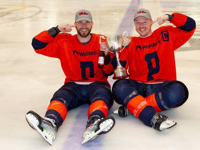 Tom Norton (left) with Phantoms captain Will Weldon after the National League Cup Final win. Photo: Paul Young.