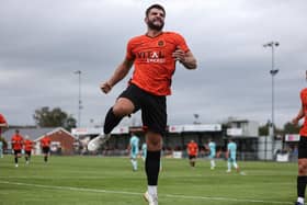 Michael Richens celebrates a goal for Peterborough Sports against Rushall Olympic. Photo Darren Wiles