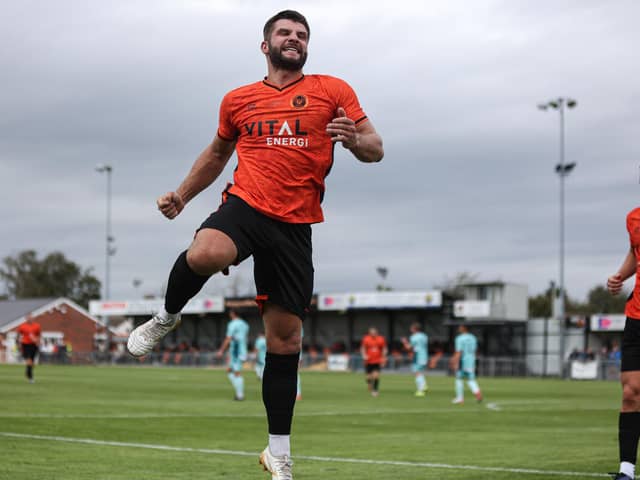 Michael Richens celebrates a goal for Peterborough Sports against Rushall Olympic. Photo Darren Wiles