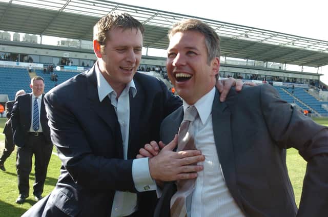 Posh boss Darren Ferguson (right) celebrates a Posh promotion with Darragh MacAnthony in 2009.