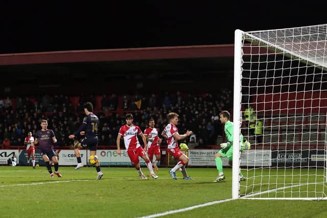 Joel Randall scores for Posh at Stevenage. Photo: Joe Dent/theposh.com.