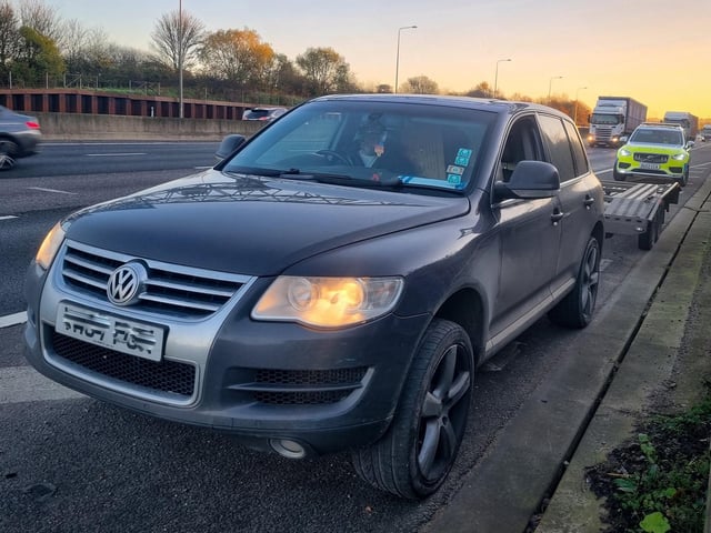 This driver was stopped for towing in the outside lane of a motorway - which is an offence on motorways with three or more lanes. The driver received points on their licence and a fine.