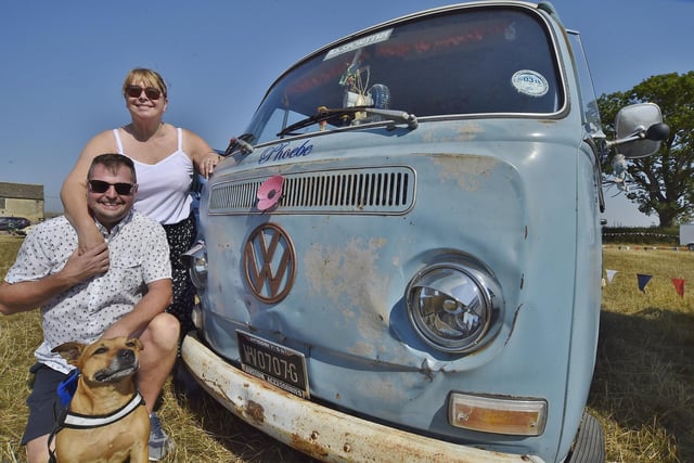 Sarah and Stephen Webb and dog Libby with their VW camper.