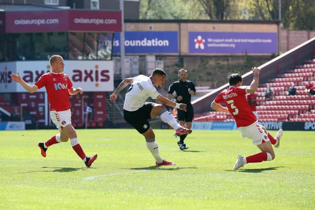 Jonson Clarke-Harris scores the only of the game for Posh at Charlton in April, 2019. Photo: Joe Dent/theposh.com.