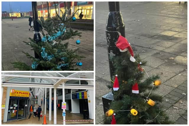 Disappointed shoppers have put up their own mini Christmas trees around the Ortongate Shopping Centre in Peterborough over the centre owners 'overlooked' this year's traditional Christmas tree, lights and decorations in the centre.