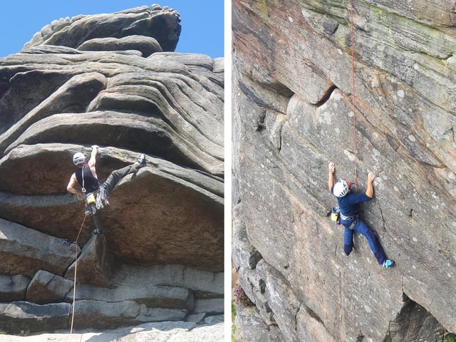 Left and right: Spod climbing in the Peak District.