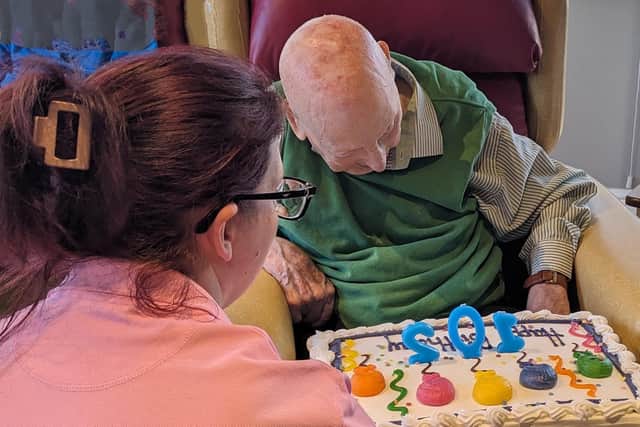 Ron celebrates his 102nd birthday at the Cedars Care Home.