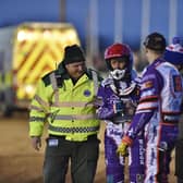 Nicki Pedersen is helped back into the pits after his first heat crash in the meeting with Ipswich. Photo: David Lowndes.