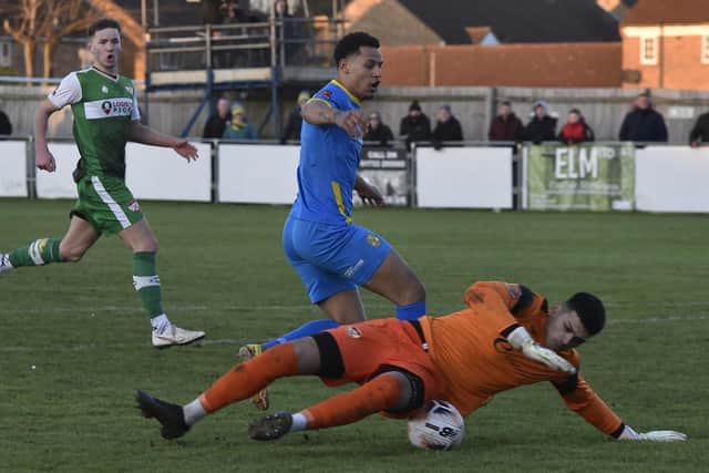 Isaiab Bazeley missed this golden chance to give Peterborough Sports the lead against Kettering on Boxing Day. Photo: David Lowndes.