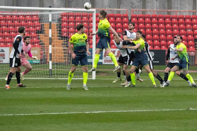 Michael Gash is about to head home for Peterborough Sports at Gateshead. Photo Charles Waugh.