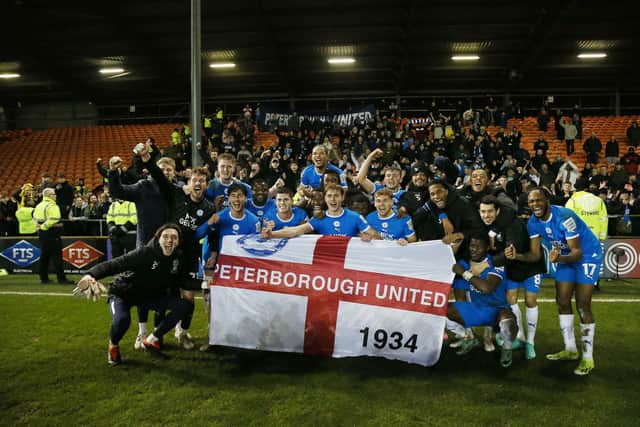Posh celebrate their EFL Trophy semi-final win at Blackpool. Photo Joe Dent/theposh.com.