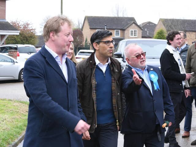 Prime Minister Rishi Sunak accompanied by  Paul Bristow MP in Peterborough.