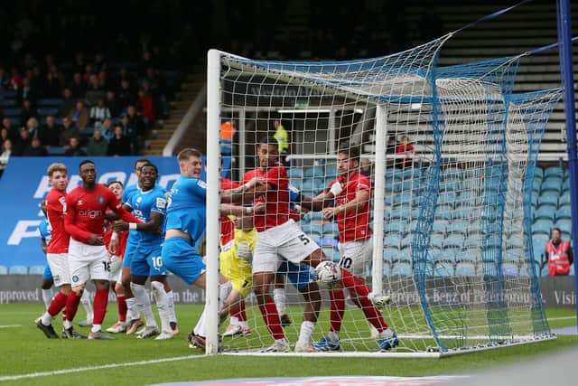 Joel Randall's corner sails straight into the net for Posh against Wycombe. Photo: Joe Dent/theposh.com.