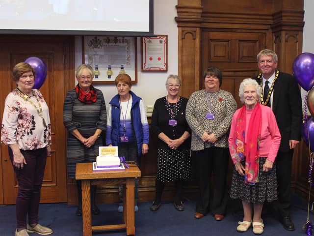 Attendees at Golden Age events 20th anniversary, from left to right: Cllr Anne Hay, Cllr Kay Mayor, Cllr Jan French, Cllr Brenda Barber, Cllr Sam Clark, Marjorie (Madge) Cotterell, Cllr Nick Meekins.