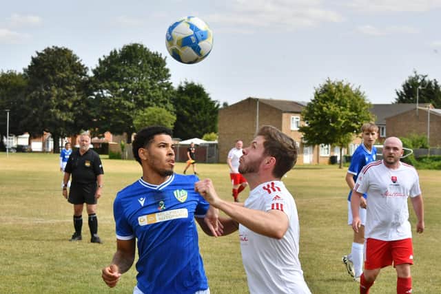 Action from FC Peterborough Development (blue) 4, Hampton United 1. Photo David Lowndes.