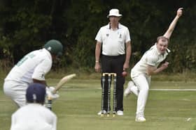 Stuart Dockerill in bowling action for Castor. Photo David Lowndes.