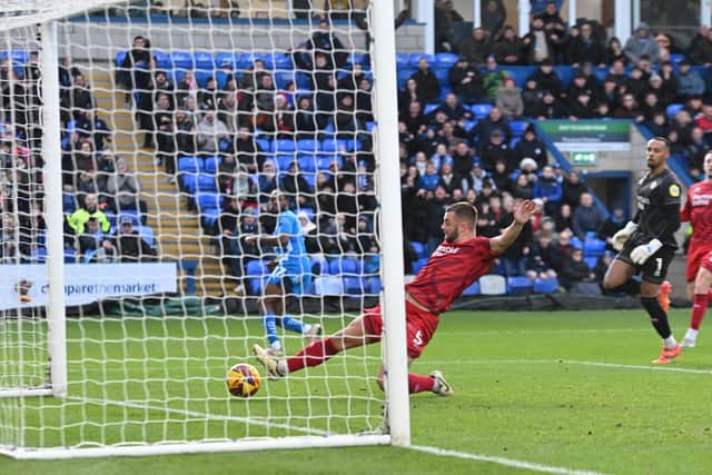 Ricky-Jade Jones scores the first Posh goal against Crawley. Photo David Lowndes.