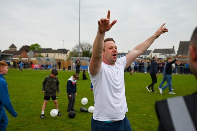 Peterborough Sports manager Jimmy Dean celebrates last season's promotion. Photo: James Richardson.
