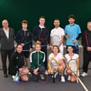 At the Don Brace Cup Final, back row, left to right, Dennis Vincent (competition chairman), George Green, James Lewis, Ben Rostaing, Toby Eldred, Geoff Smith (competition official). Front, Katrin Turvey, Anita Duff, Lesley Luton and Vicky Axe.