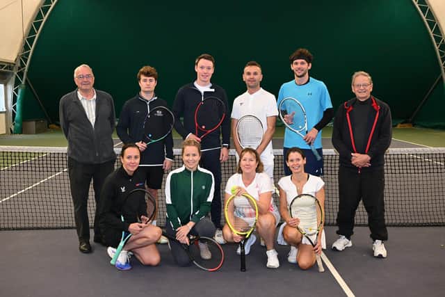 At the Don Brace Cup Final, back row, left to right, Dennis Vincent (competition chairman), George Green, James Lewis, Ben Rostaing, Toby Eldred, Geoff Smith (competition official). Front, Katrin Turvey, Anita Duff, Lesley Luton and Vicky Axe.